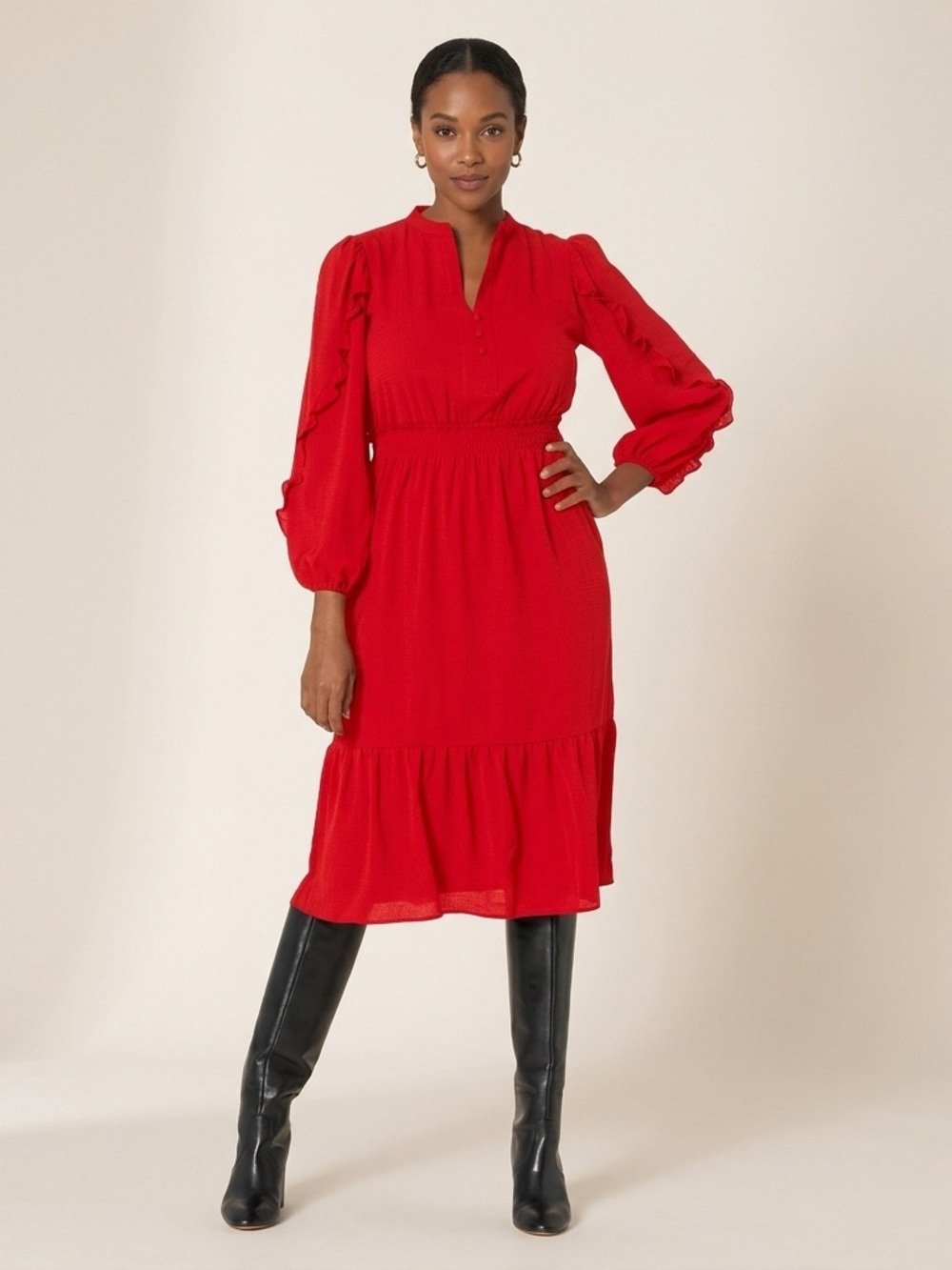London Times Dress Sz 8 NWT Red Tiered Midi Ruffle Sleeve Smocked Waist Crepe